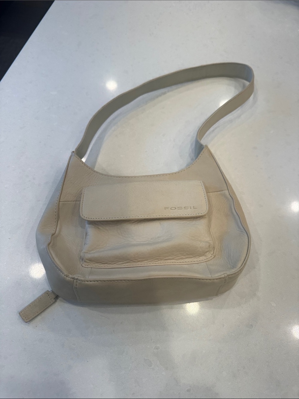 Fossil Cream Leather Shoulder Bag with Front Flap Pocket